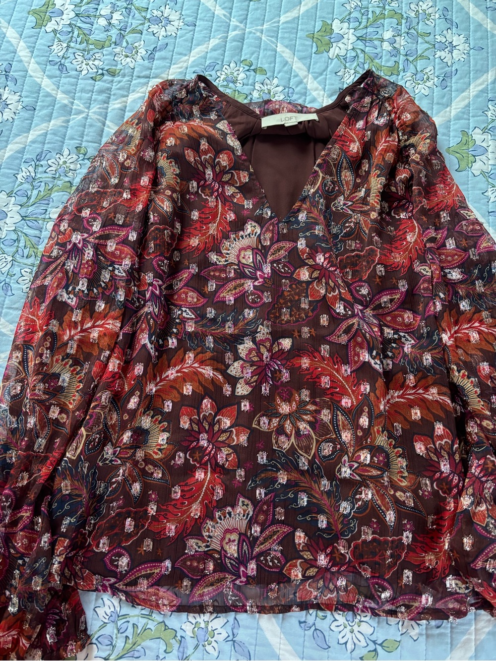 LOFT Burgundy Floral Paisley V-Neck Blouse